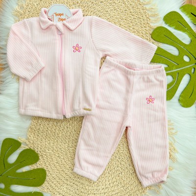 Conj. Jaqueta e Calça em Soft Canelado com Flor Bordada - Rosa